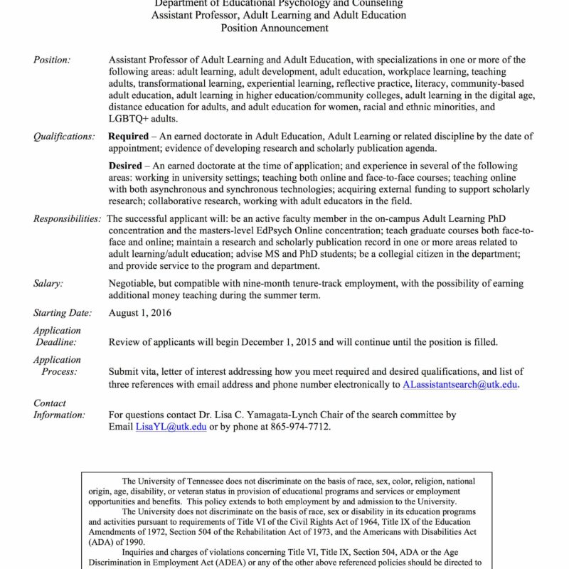 Adult Learning Assistant Professor Announcement