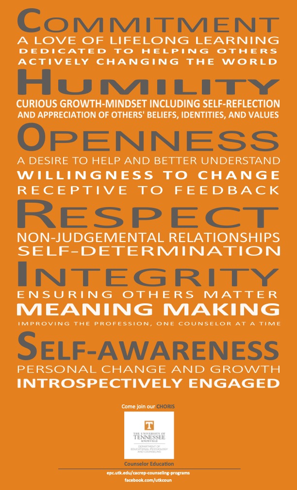 UT Orange poster containing the Core Values for Counseling Programs Acronym spelled out: Commitment, Humility, Openness, Respect, Integrity, Self-awareness.