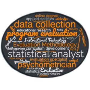 Word cloud of Evaluation Methodology key words in various fonts and UT orange, smokey black, and off-white colors.